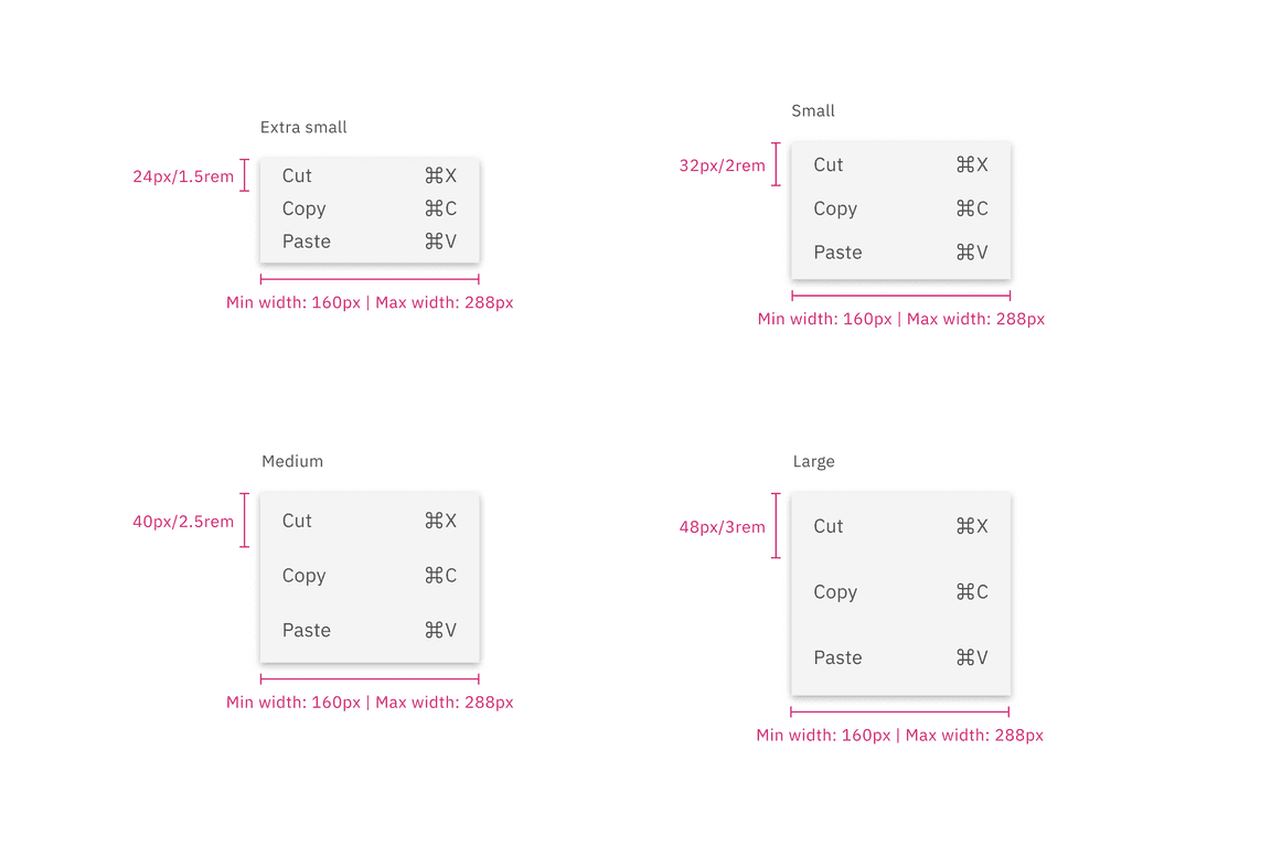 Menu sizes